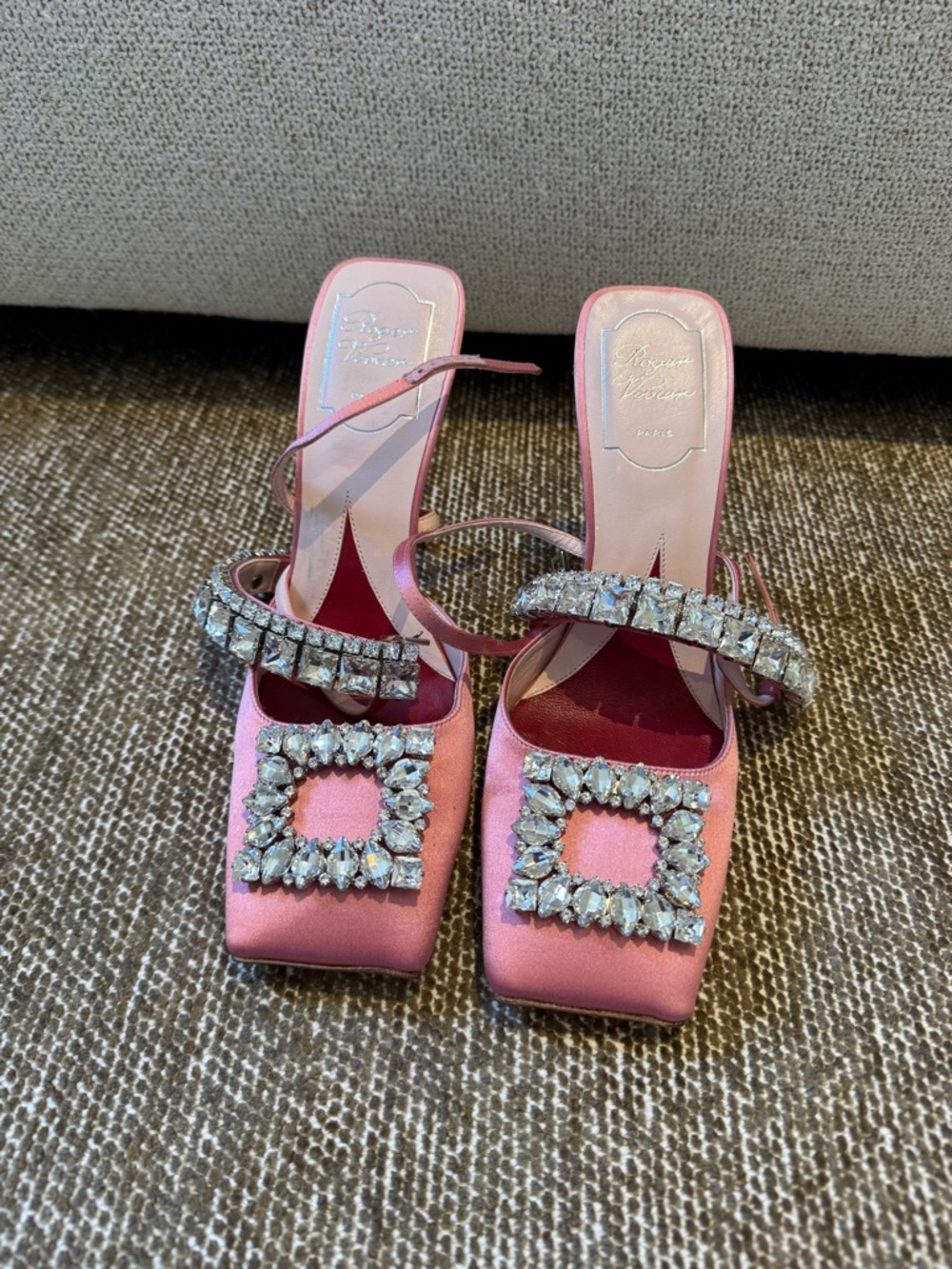 Roger Vivier Pink Crystal-Embellished Satin Slingback Heels